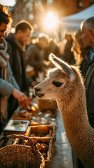 Obraz premium Curious Alpaca at Outdoor Market: Sunny Scene Full of Texture and Life