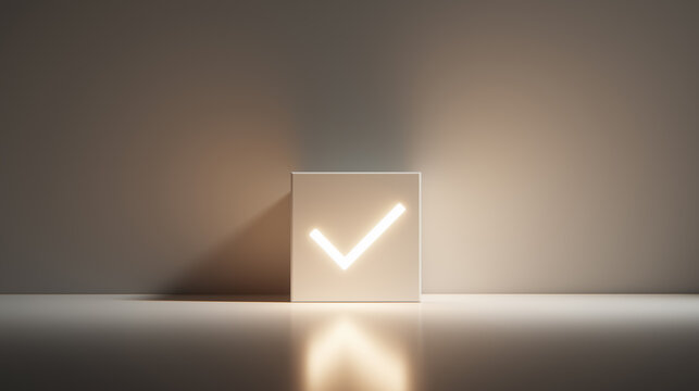Minimalist concept with a single glowing checkbox symbolizing approval, confirmation and task completion on clean background with copy space