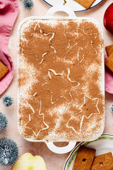 a German dessert made from cookies, apples, mascarpone, and cream. top veiw .selective focus.