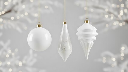 Three white holiday ornaments suspended from gold strings. Background features blurred branches and white lights