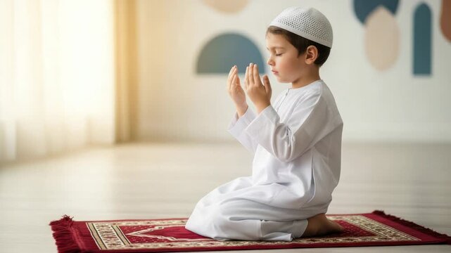 Young Muslim boy in traditional white thobe and kufi praying on a prayer mat