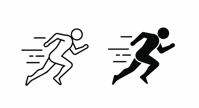 Two minimalist stick figure runners in black and white, speeding to the right on a clean white background with motion lines.