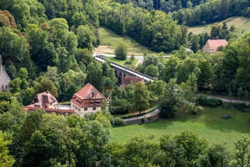 Fototapeta premium Panoramic viewpoint of Rothenburg ob der Tauber, Bavaria, Germany. Scenic medieval old town with historic rooftops and city walls, popular European travel destination and cultural heritage site.