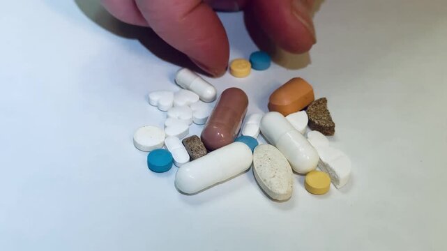 Close-up hand picking scattered pills from table showing senior woman fingertips sorting assorted tablets and capsules, mixed vitamins and prescriptions on white background, soft clinical