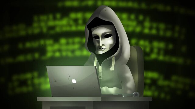 anonymous hacker in hoodie and mask typing green malicious code