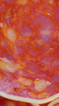 Closeup of seasoned sausage slices, Detailed view of seasoned meat with marbling, Highly detailed image showing overlapping sausage slices with spices and rich coloration