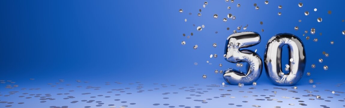 3D render of silver 50 balloon number with metallic confetti on blue background. Corporate 50th anniversary or technology sale banner - copy space