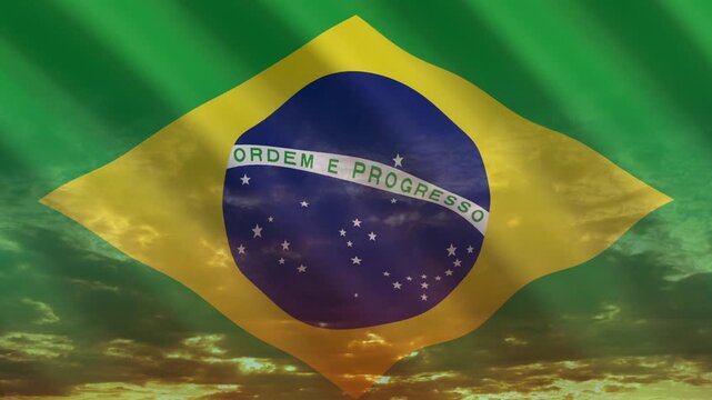 Flag of Brazil waving against a vibrant sunset, creating a patriotic and inspiring atmosphere with warm tones.