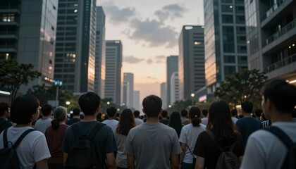 Crowd in twilight urban setting