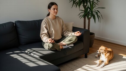 Fototapeta na wymiar Woman Meditating Zen Pose With Dog