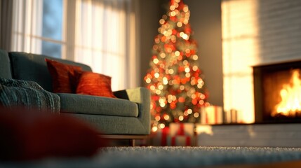 Fototapeta premium Cozy living room with a Christmas tree and warm fire during the holiday season