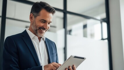 Fototapeta premium Businessman Smiling Using Tablet Computer