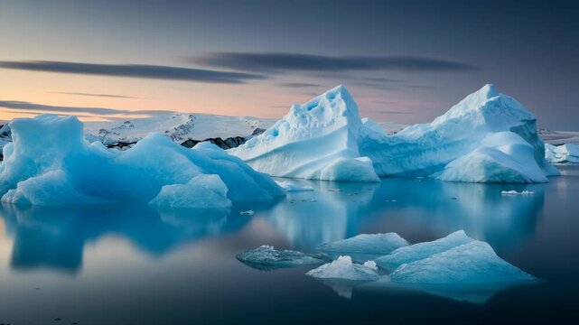 Serene Blue Icebergs Reflecting in Still Waters Landscape at Sunset in Jokulsarlon Glacier Lagoon Iceland