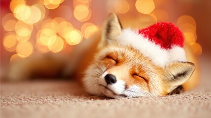 Obraz premium Fox wearing Santa hat sleeps on the floor with lights in the background