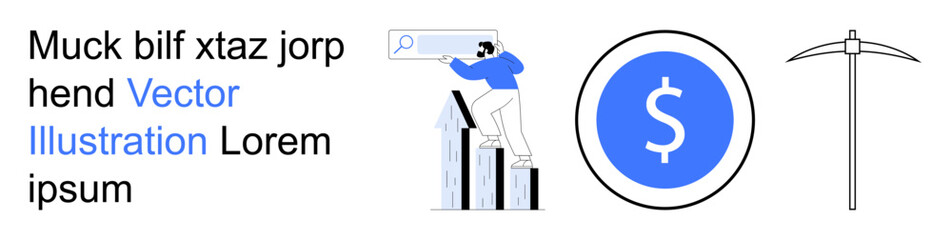 Obraz premium Business growth, financial planning, economic analysis, data mining, investment insight, digital development. Man analyzing data on graph, dollar coin mining pickaxe. Business growth and financial