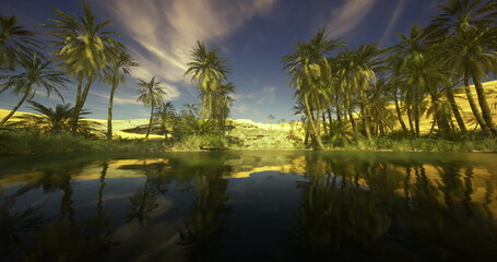 Obraz premium Sunlit tropical marsh with reflective water, golden sunset casting warm glow on mangrove palms and glassy lagoon. Ecotour guide paddling imagined through calm