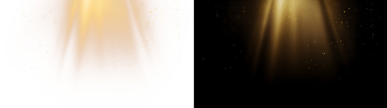 Soft golden sun rays spotlight with floating dust particles, transparent PNG overlay