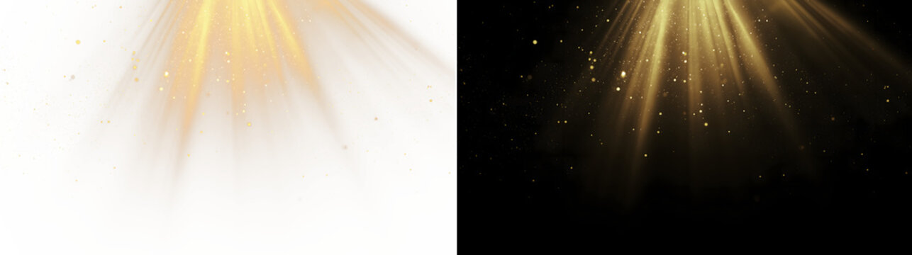 Warm golden spotlight rays with glitter dust overlay, transparent PNG