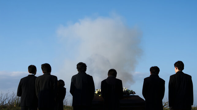 Stock style, hyper realistic, high quality photo, faceless mourners standing under open sky near pyre, large negative space above, sense of openness and farewell, restrained compos