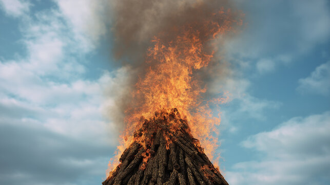 Stock style, hyper realistic, high quality photo, faceless cremation pyre captured from low angle, flames rising upward, smoke blending into sky, powerful yet respectful symbolism,