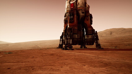 Martian landscape view, Red horizon over alien terrain, Surface scene of Mars beneath crimson sky, View of Martian surface with reddish horizon and landing zone © icetray