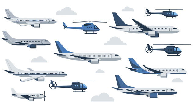 Collection of airplanes and helicopters in flat style with clouds