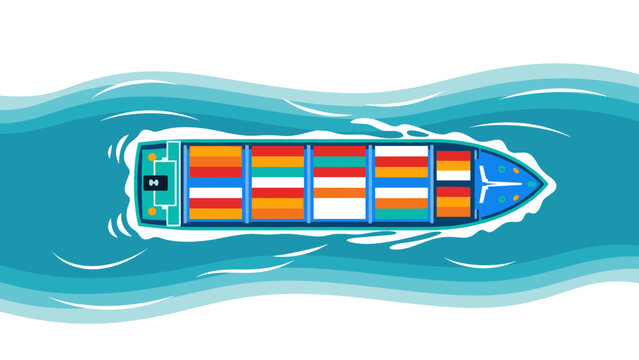 Colorful cargo ship sailing in ocean waves, top view flat design