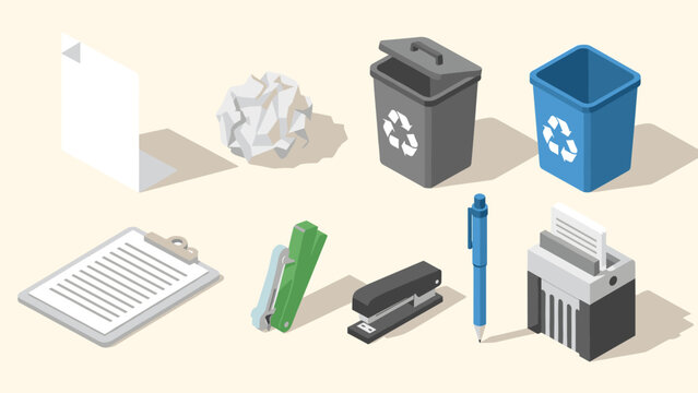 Isometric office supplies featuring recycling bins and shredder on