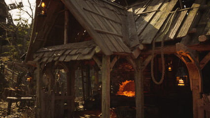 Fototapeta premium Tavern hearth bathed in warm glow, hanging pots and barrels line rustic porch, steam rising from simmering stew, wooden beams and floorboards show soot