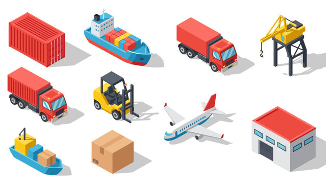 Isometric shipping and logistics icons featuring cargo, transport