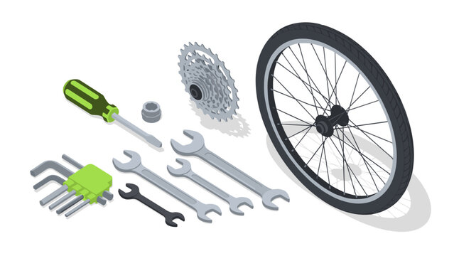 Isometric bicycle repair tools and parts set on white background