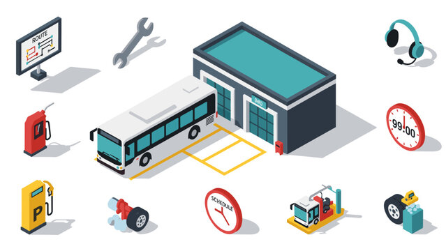 Isometric bus depot with modern transportation elements and tools