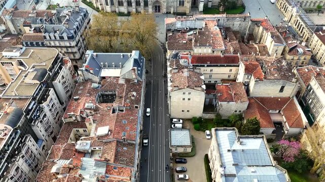 Aerial drone view of Bordeaux Gothic cathedral and historic city