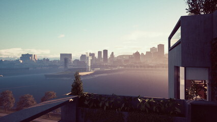 Fototapeta premium Balcony sunrise cityscape overlooking waterfront, modern terrace bathed in golden light, misty skyline across bay, ivy and plants on railing, contemporary