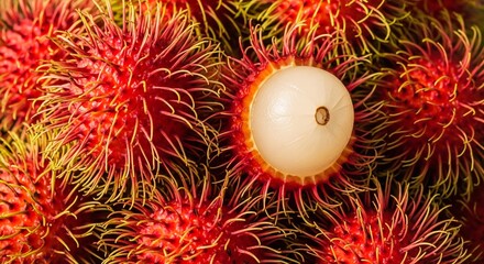 Vibrant Rambutan Fruit Cluster With White Flesh Peeking From Red Spiky Skins