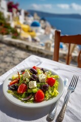 Naklejka premium Greek salad with feta, olives and tomatoes on whitewashed table, blue domes and sea visible in background. Classic Mediterranean meal in idyllic Greek island setting.