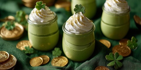 Fototapeta premium Glass jars of matcha mousse with whipped cream and sugar clovers, gold coins and green linen around. Playful and sweet Saint Patricks Day dessert styling.