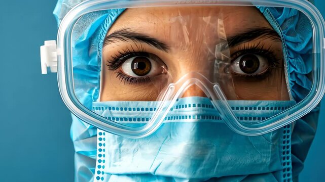 Focused Gaze of a Medical Professional: A close-up view of a medical professional, her eyes conveying both weariness and determination, framed by protective eyewear and a surgical mask.