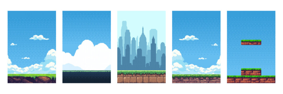 Pixel art game background set with blue sky and green ground elements for platform arcade. Vector level design assets.