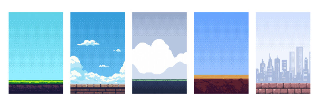 Collection of pixel art sky and ground backgrounds for video game platformer. Various parallax horizons with clouds and cityscape.