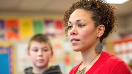 Fototapeta premium Teacher discusses lesson with student in classroom during school hours