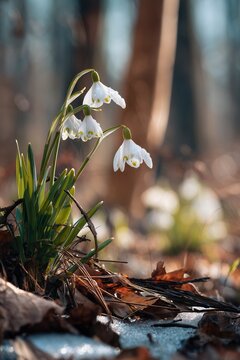 Delicate snowdrop flowers blooming in early spring forest with melting snow and streaming sunlight. First signs of seasonal change captured in a quiet woodland moment.