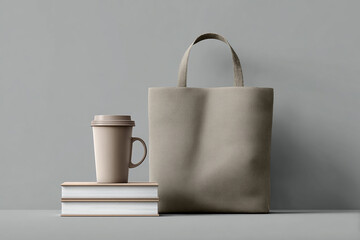 Blank tote bag mockup with coffee and book setup for product and logo showcase in creative design