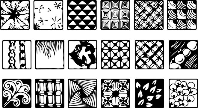 arge Collection of Hand Drawn Zentangle Patterns Featuring Intricate Abstract Line Art, Repeating Geometric Shapes, and Decorative Black and White Designs