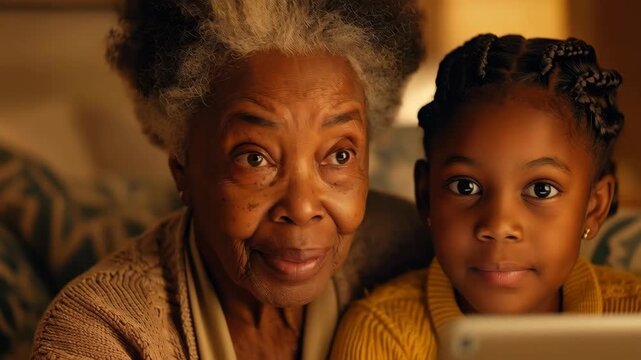 Cherished Moments: A tender moment shared as a grandmother and granddaughter bond, illuminated by the soft glow of a screen. Embracing connection, affection, and generational ties