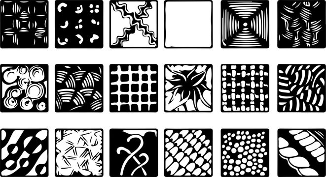 arge Collection of Hand Drawn Zentangle Patterns Featuring Intricate Abstract Line Art, Repeating Geometric Shapes, and Decorative Black and White Designs