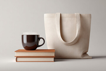Minimal realistic tote bag mockup with cup and book for marketing, packaging, and lifestyle branding