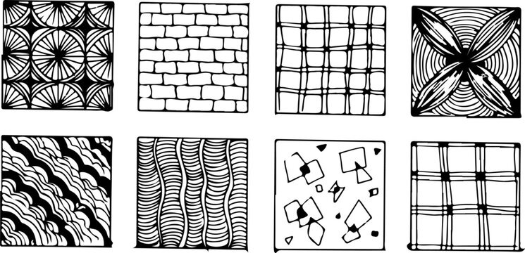 Beautiful Hand Drawn Zentangle Pattern Grid with Detailed Abstract Doodle Art, Repetitive Motifs, and Creative Line Illustration Style