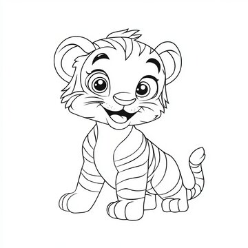 Adorable Whimsical Tiger Cub Cartoon for Coloring, Sitting Cheerfully in a Vibrant Jungle Scene