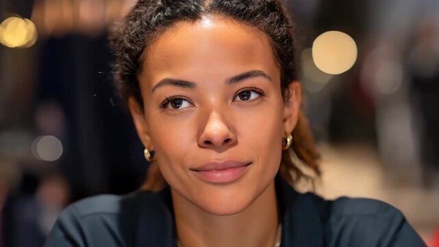 Introspective Gaze: A captivating close-up of a thoughtful woman with a gentle expression, radiating a sense of calm and introspection. 